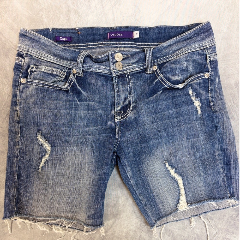 Y2K Vigoss Denim Bermuda Shorts Womens 7 Blue Distressed Stretch Cutoff